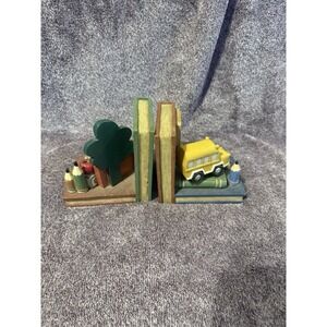 Vintage School Bookends Set Teacher Apple ABC Blocks Books Bus  Decor Resin